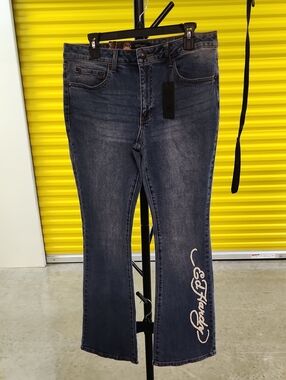 ED HARDY Dark Blue Women's Jeans with Side Script Embroidery